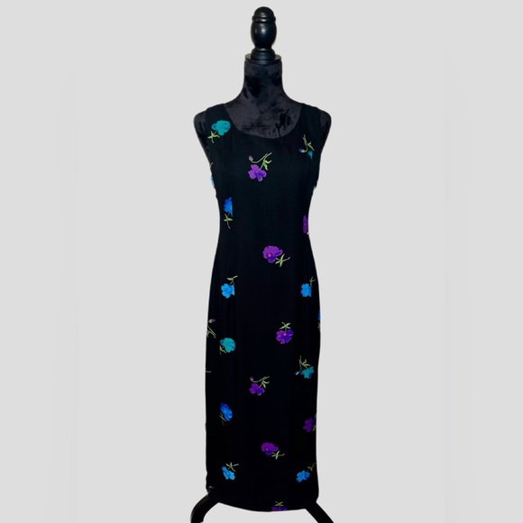 Y2K 100% Silk Spenser Jeremy Black Floral Maxi Dress- size 8 - Picture 1 of 4